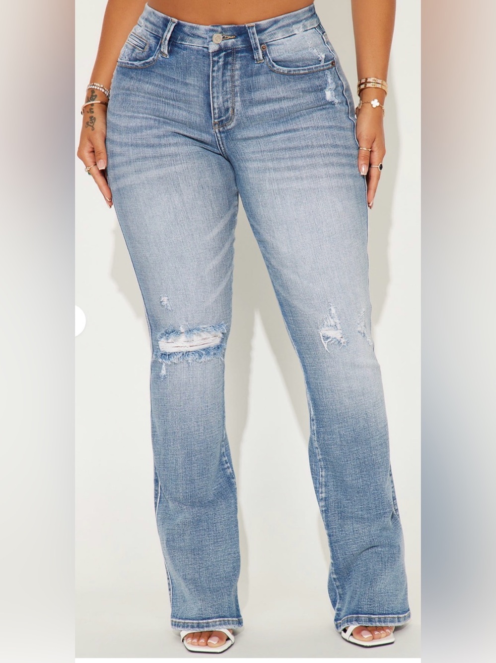 Fashion Nova Light Blue Distressed Boot Cut Jeans
